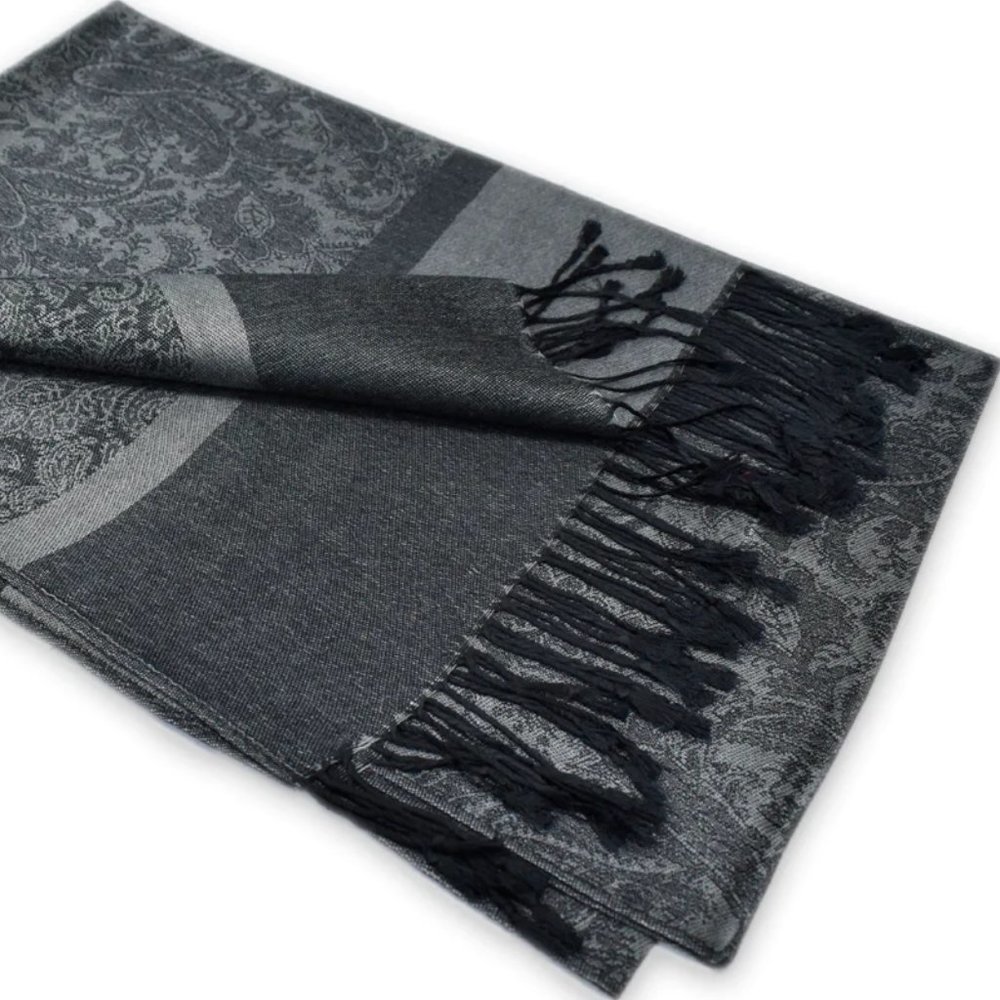 Slate Black Paisley Pashmina Scarf Black Fringe Pashmina & Silk